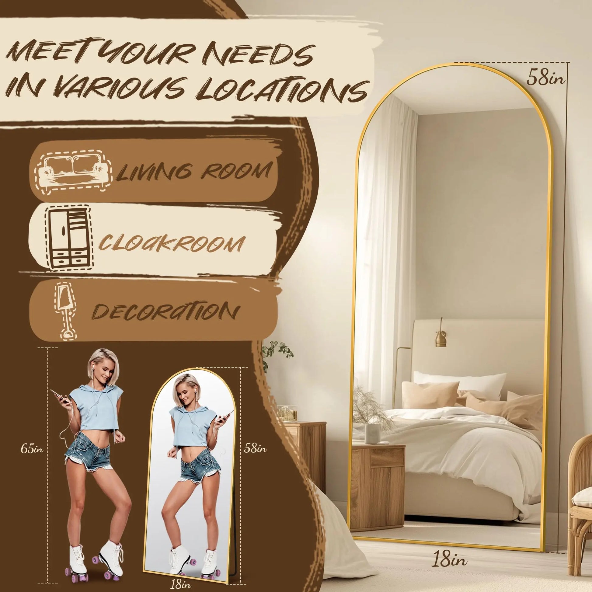Antok 81" x 41" Arched Full-Length Floor Mirror with Stand, Aluminum Frame, Shatterproof Nano Glass, Modern Home Decor, Gold/Black Rounded Finish