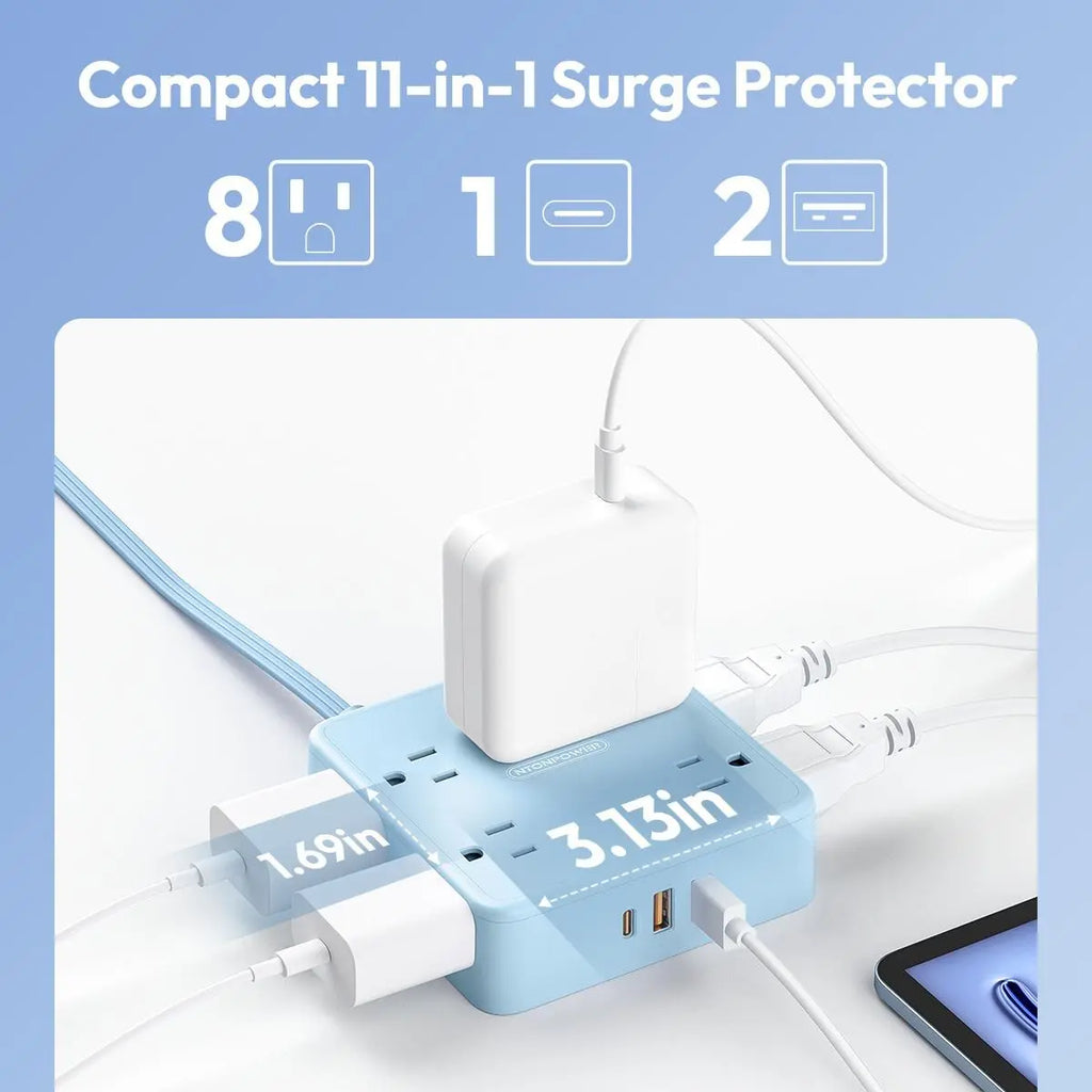 NTONPOWER 11-in-1 Flat Extension Cord Power Strip with Surge Protection, 8 Outlets and 3 USB Ports, 3-Prong Wall-Mount Design for Home and Office Use