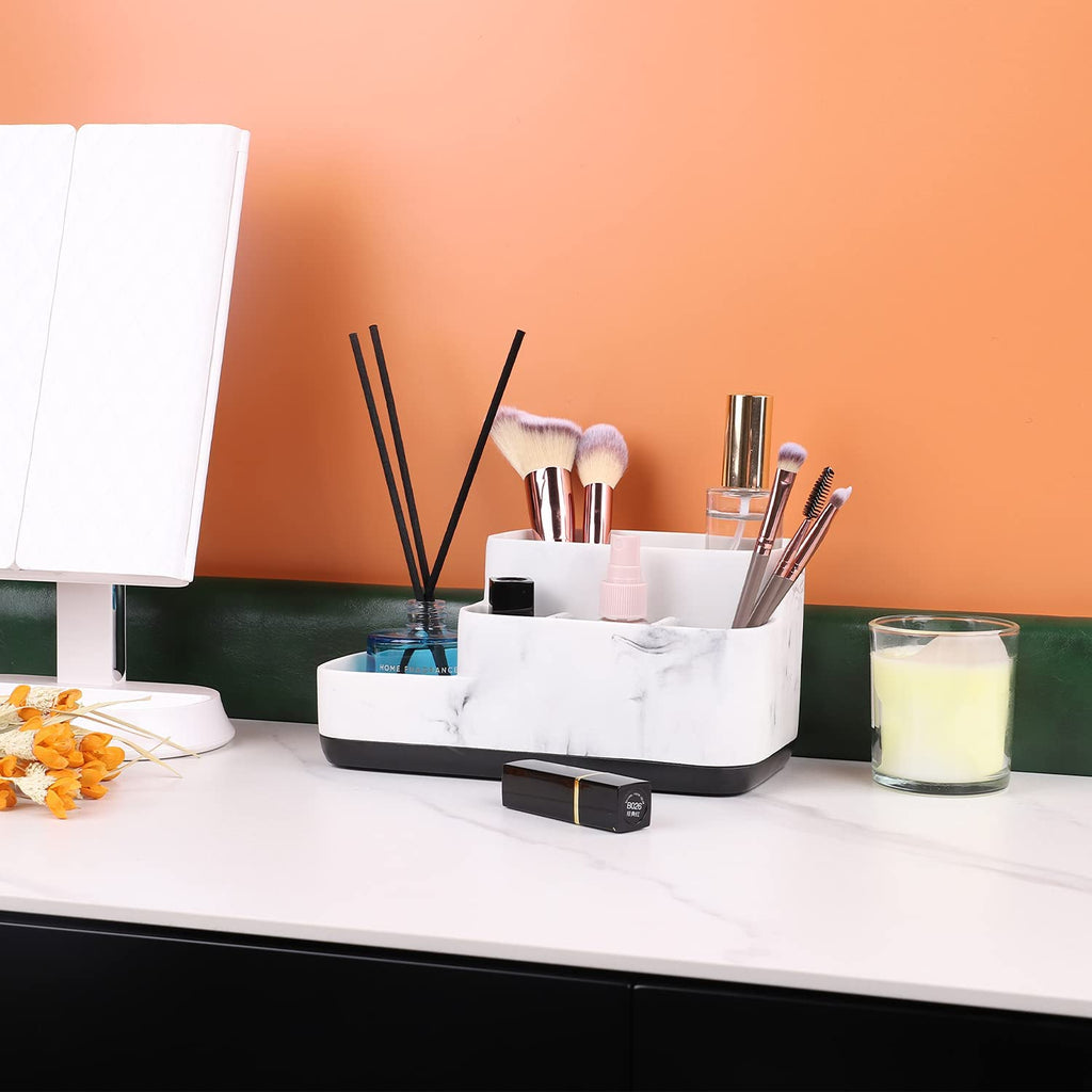 Multi-Functional Bathroom Organizer - Elegant White Marble Toothbrush Holder for Makeup, Skincare, and Accessories Storage