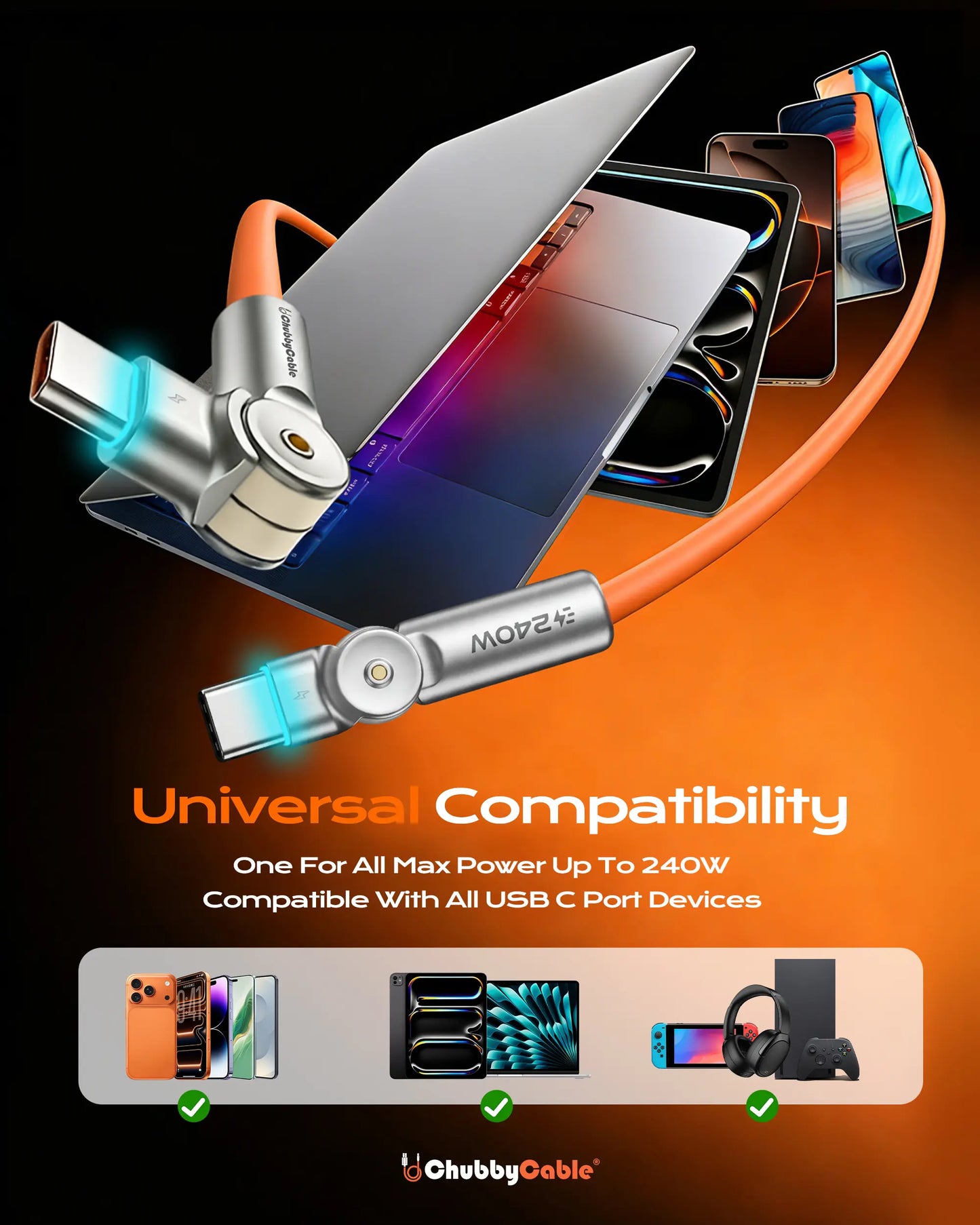 Chubbycable Chubby Rotatex - 240W Dual 180° Rotating Fast Charging Cable with LED Indicator, 48V 5A, USB 2.0, Type-C to Type-C, Available in 3.3Ft and 6.6Ft Lengths, Fast Charge and Data Transmission