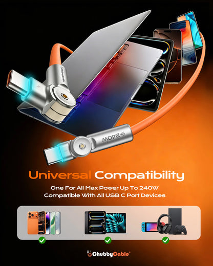 Chubbycable Chubby Rotatex - 240W Dual 180° Rotating Fast Charging Cable with LED Indicator, 48V 5A, USB 2.0, Type-C to Type-C, Available in 3.3Ft and 6.6Ft Lengths, Fast Charge and Data Transmission