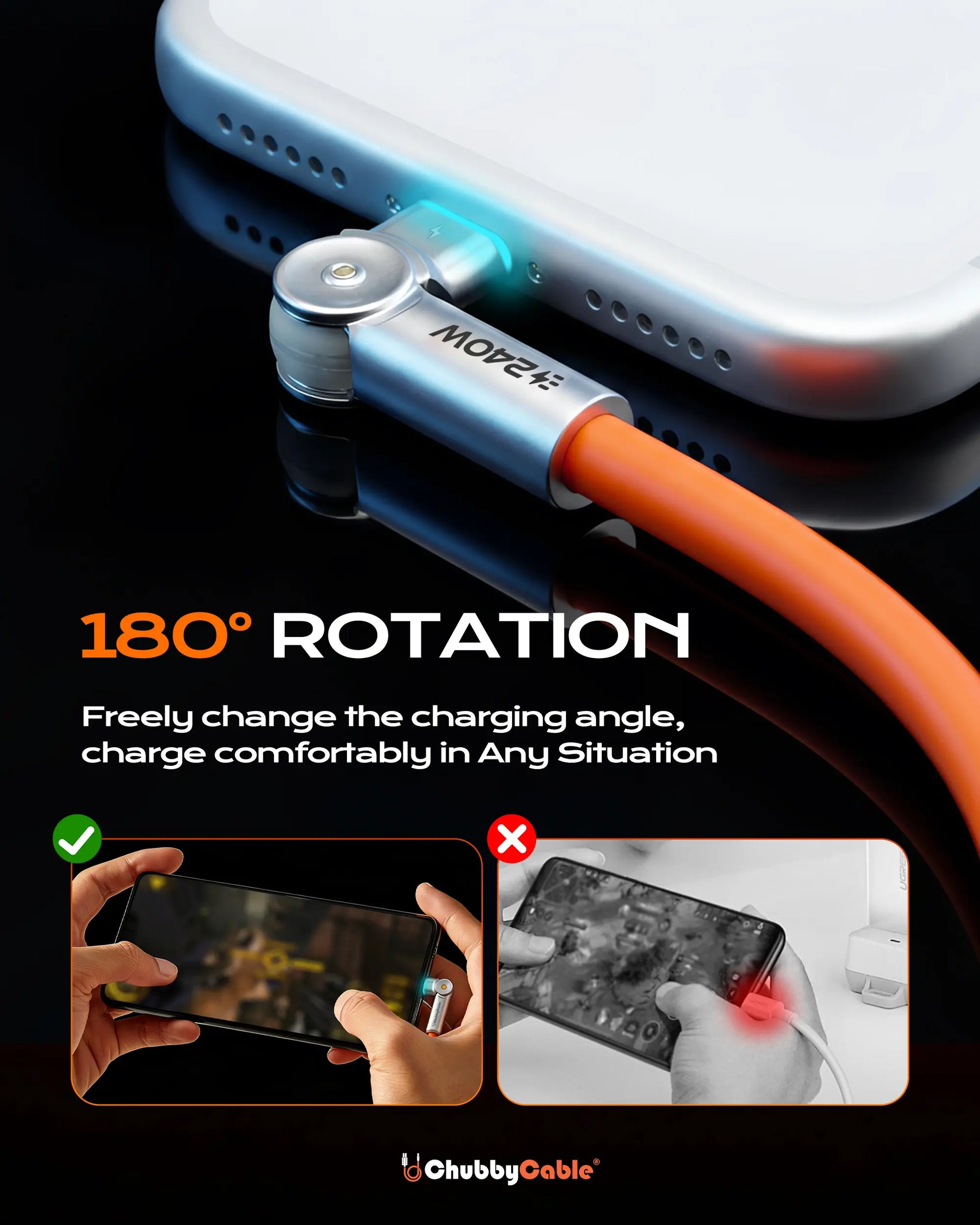 Chubbycable Chubby Rotatex - 240W Dual 180° Rotating Fast Charging Cable with LED Indicator, 48V 5A, USB 2.0, Type-C to Type-C, Available in 3.3Ft and 6.6Ft Lengths, Fast Charge and Data Transmission