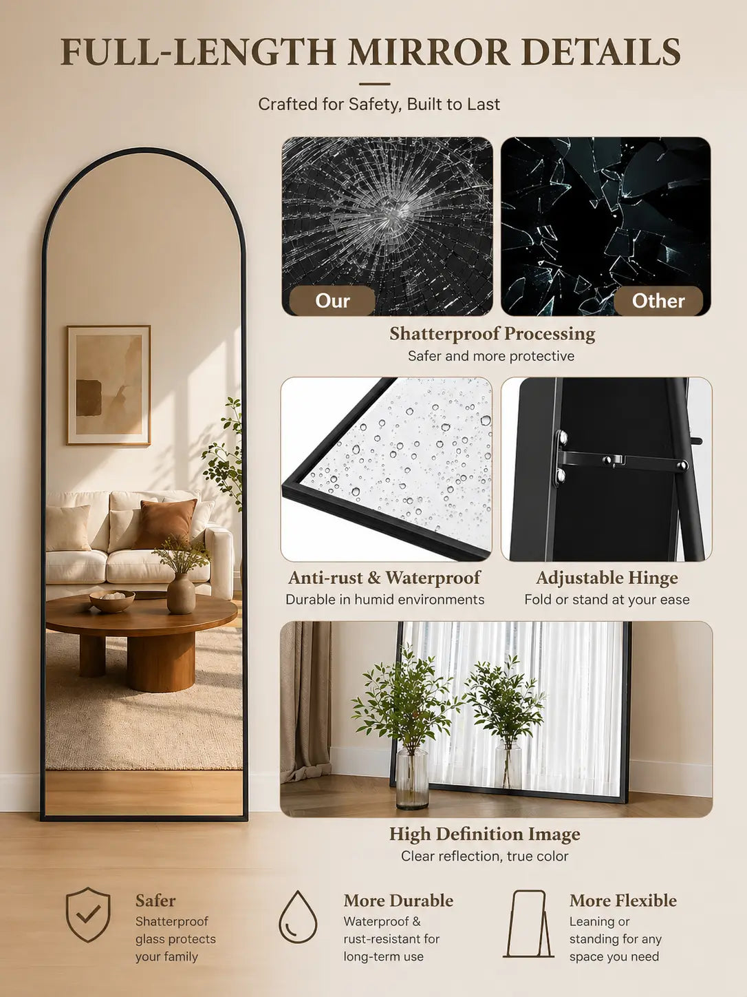 Antok 81" x 41" Arched Full-Length Floor Mirror with Stand, Aluminum Frame, Shatterproof Nano Glass, Modern Home Decor, Gold/Black Rounded Finish