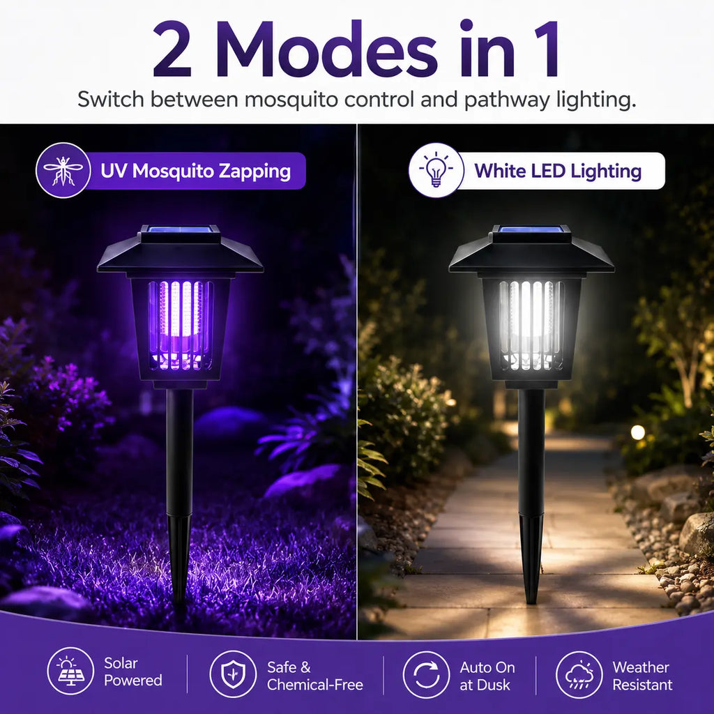 Solar-Powered Mosquito Zapper & Garden Stake Light – Dual Mode Insect Killer & Pathway Illumination, Weather Resistant, Easy Setup, Available in Round & Square Designs