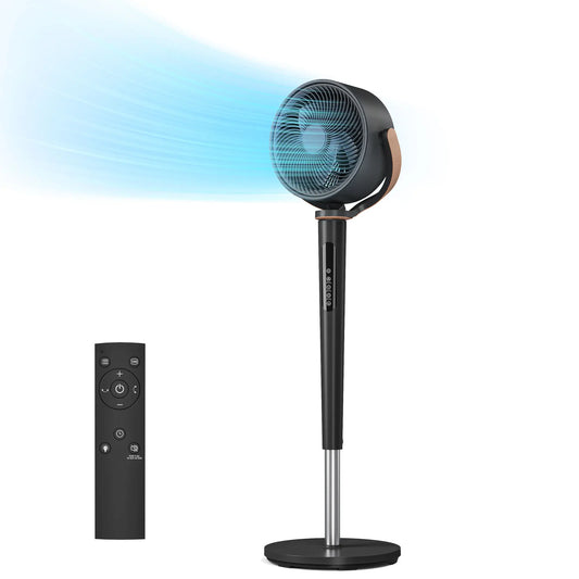 MANASTIN 120° Automatic 4-Way Oscillating Standing Fan with Quiet DC Motor, 16 Speed Settings, 4 Operating Modes, Adjustable Height (37-45"), 12-Hour Timer, and Remote Control