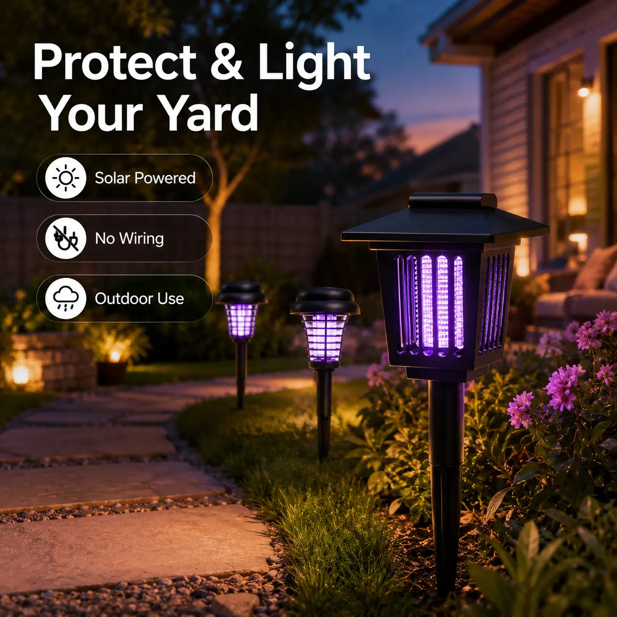 Solar-Powered Mosquito Zapper & Garden Stake Light – Dual Mode Insect Killer & Pathway Illumination, Weather Resistant, Easy Setup, Available in Round & Square Designs