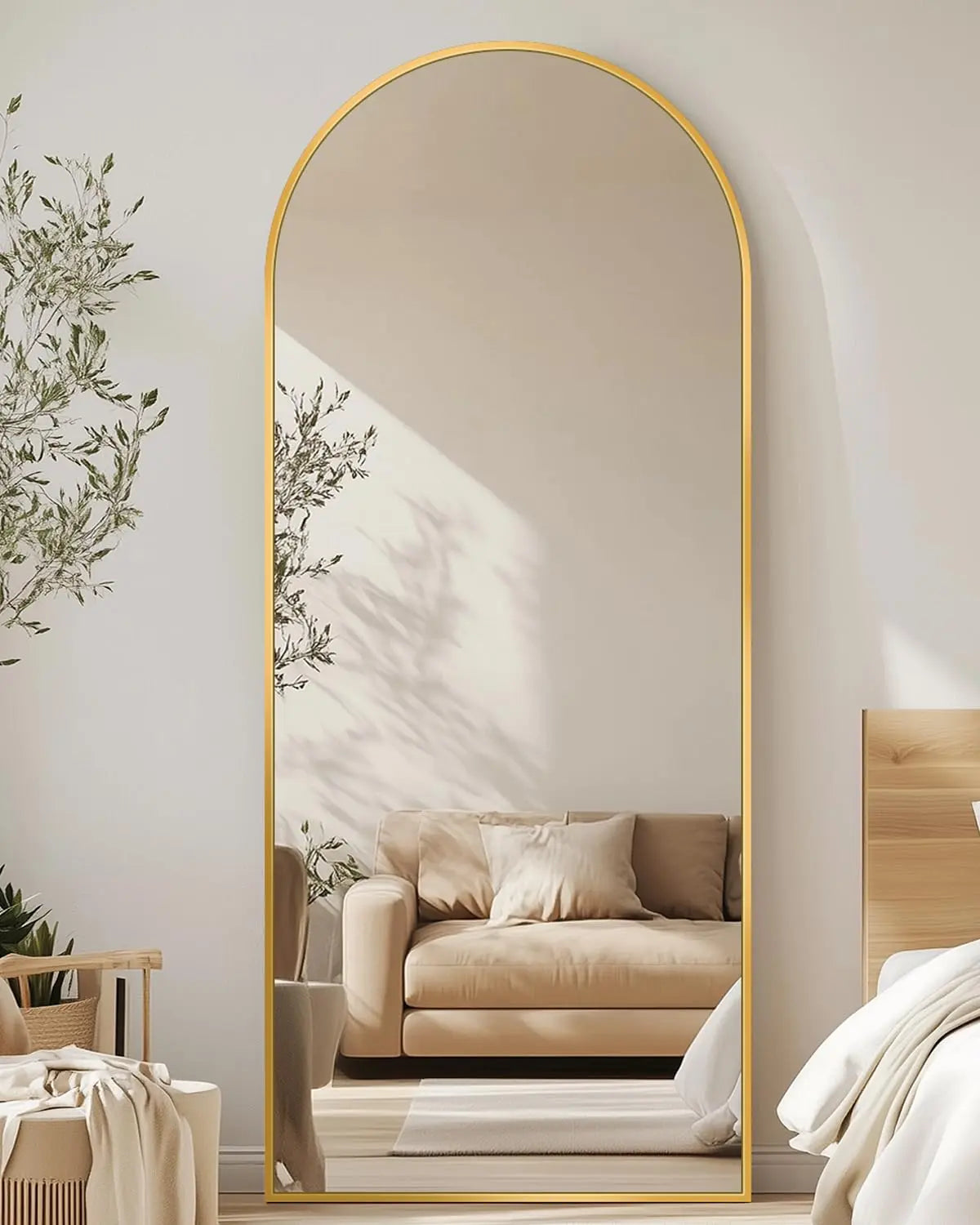 Antok 81" x 41" Arched Full-Length Floor Mirror with Stand, Aluminum Frame, Shatterproof Nano Glass, Modern Home Decor, Gold/Black Rounded Finish