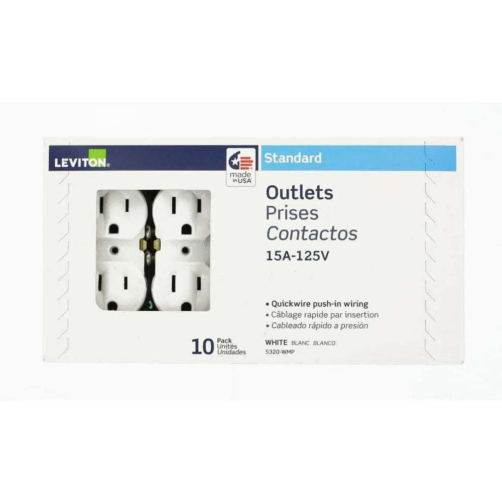 15 Amp 125V Duplex Outlet/Receptacle, White, Pack of 10, Model 5320-WMP
