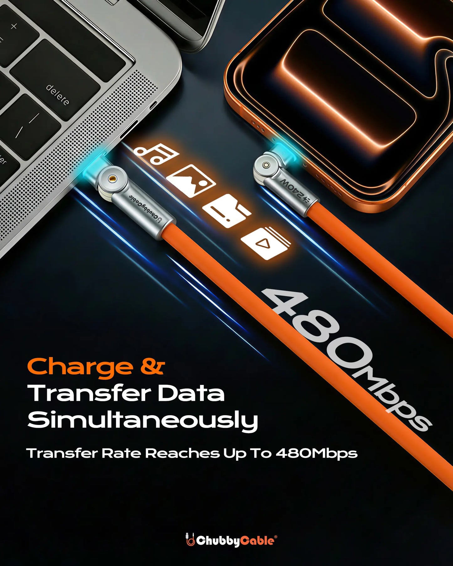 Chubbycable Chubby Rotatex - 240W Dual 180° Rotating Fast Charging Cable with LED Indicator, 48V 5A, USB 2.0, Type-C to Type-C, Available in 3.3Ft and 6.6Ft Lengths, Fast Charge and Data Transmission