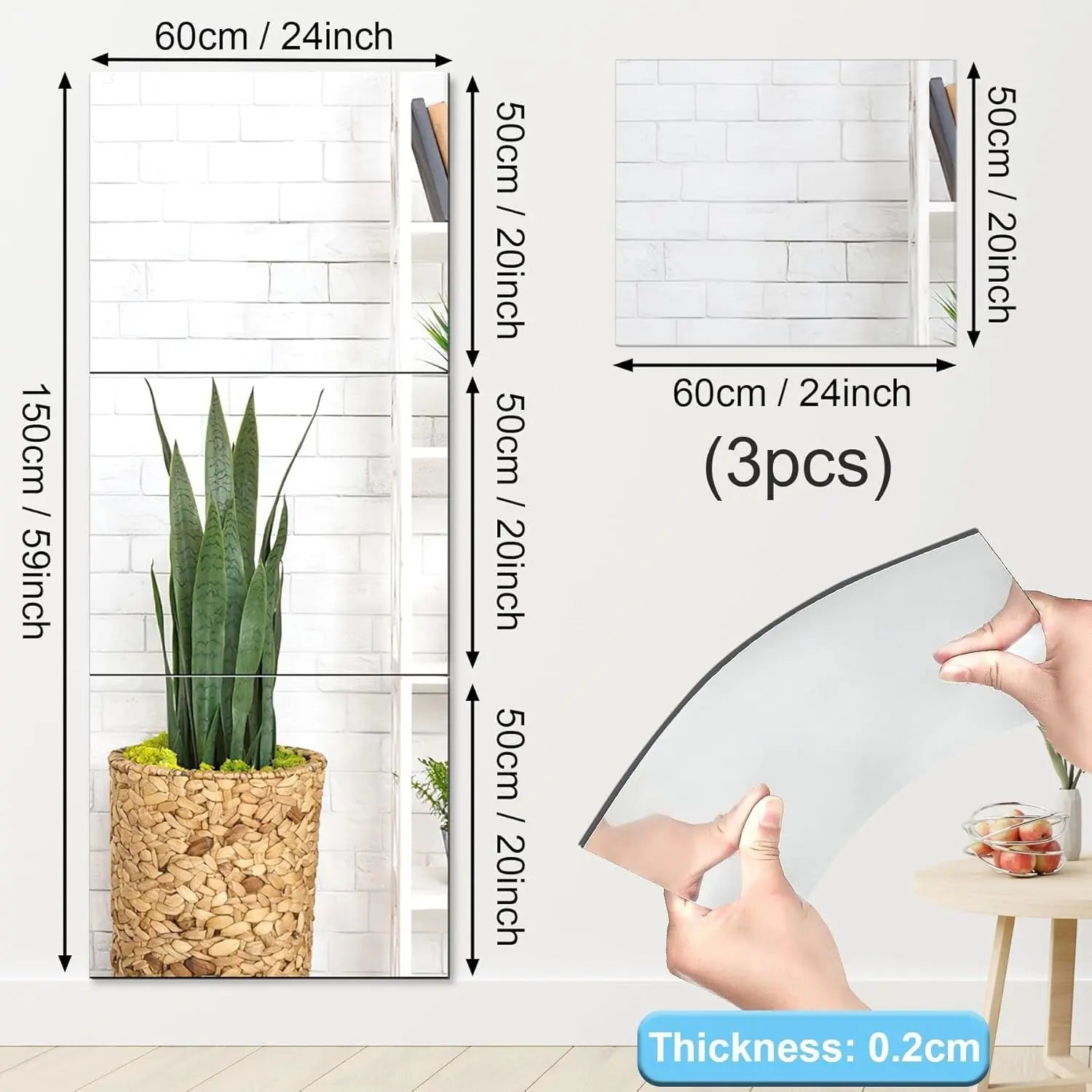 Acrylic Self-Adhesive Mirror Tiles - Flexible Decorative Wall Stickers, Available in 20x24 Inches and 20x60 Inches, 3mm Thick, Ideal for Bedroom, Gym, Ceiling, and Home Fitness Applications