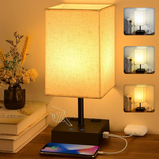 Stylish Touch Control Bedside Lamp with USB C Charging Station - 3-Way Dimmable Nightstand Light with LED Bulb & Upgraded Beige Fabric Shade