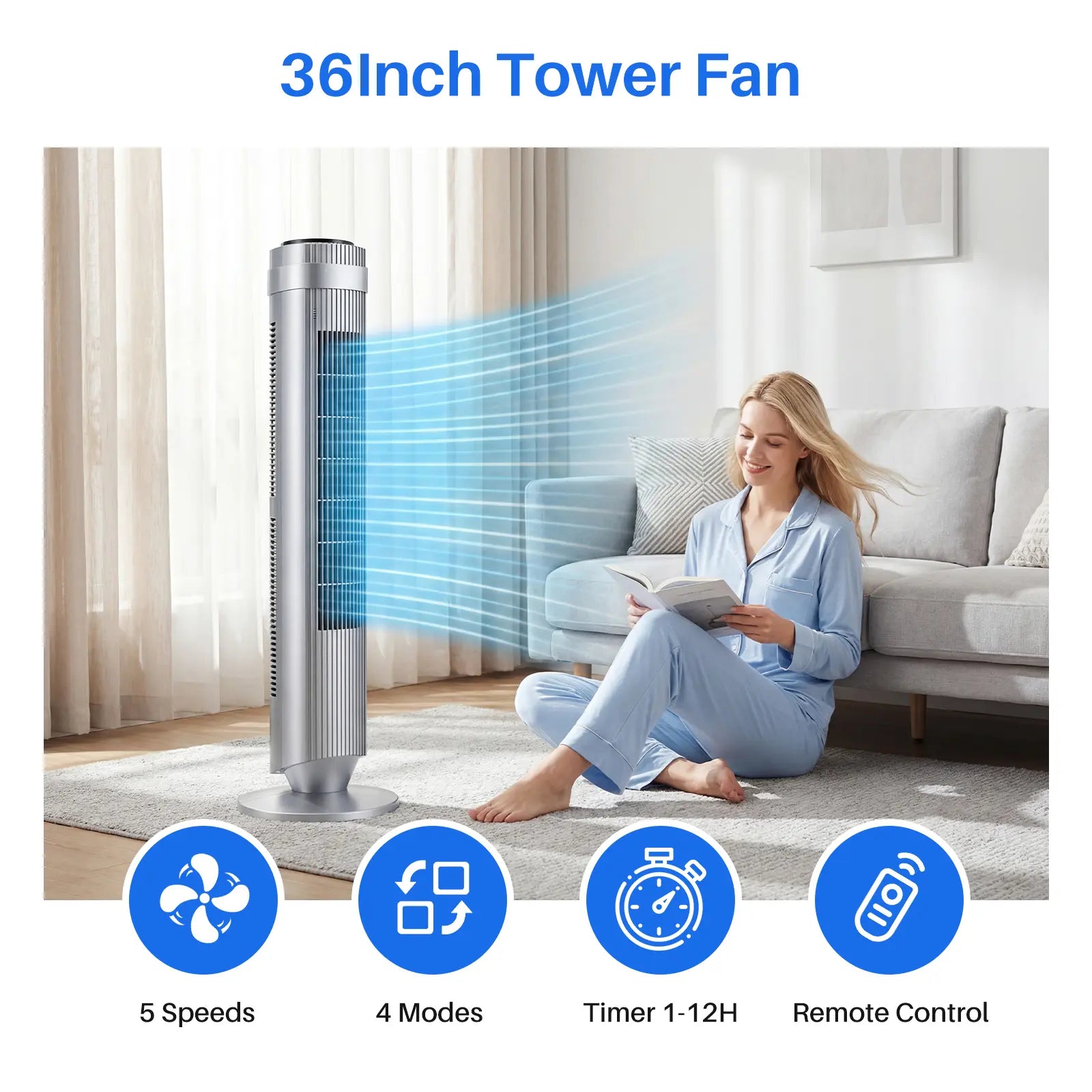 Whisper-Quiet 28dB Tower Fan with 12-Hour Timer & Smart Auto Mode - 64° Oscillating Bladeless Cooling Fan for Bedroom & Home Office