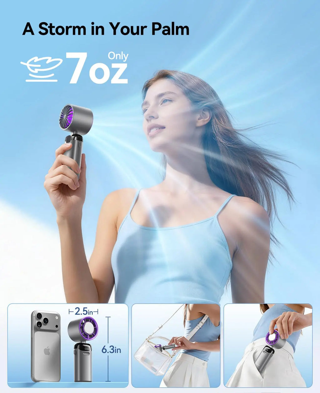 Upgraded 4-in-1 Portable Turbo Fan with 199 Speed Settings, 21500 RPM, Enhanced Battery Life, Digital Display, 120° Rotation, USB Charging, Ideal for Travel and Office Use