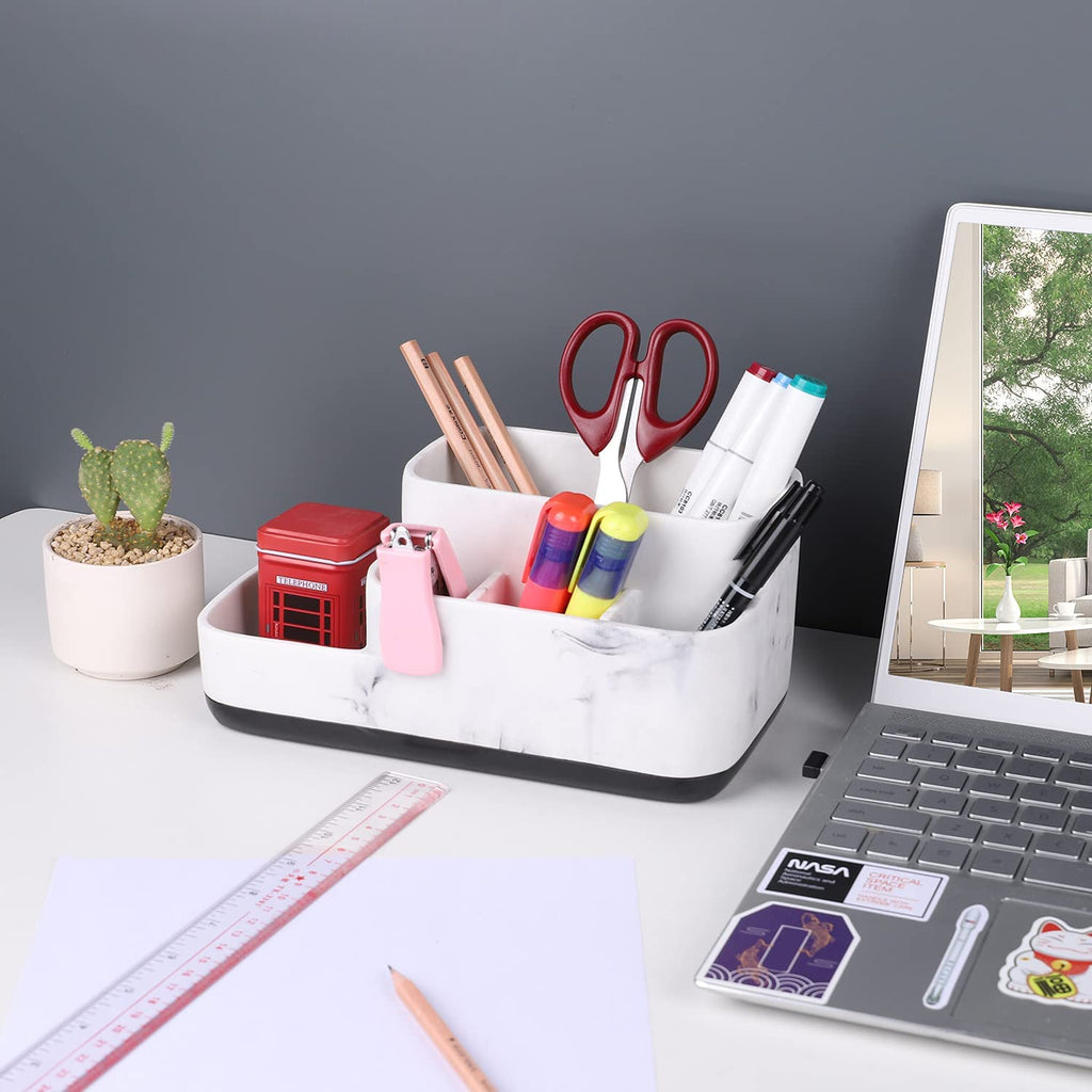 Multi-Functional Bathroom Organizer - Elegant White Marble Toothbrush Holder for Makeup, Skincare, and Accessories Storage