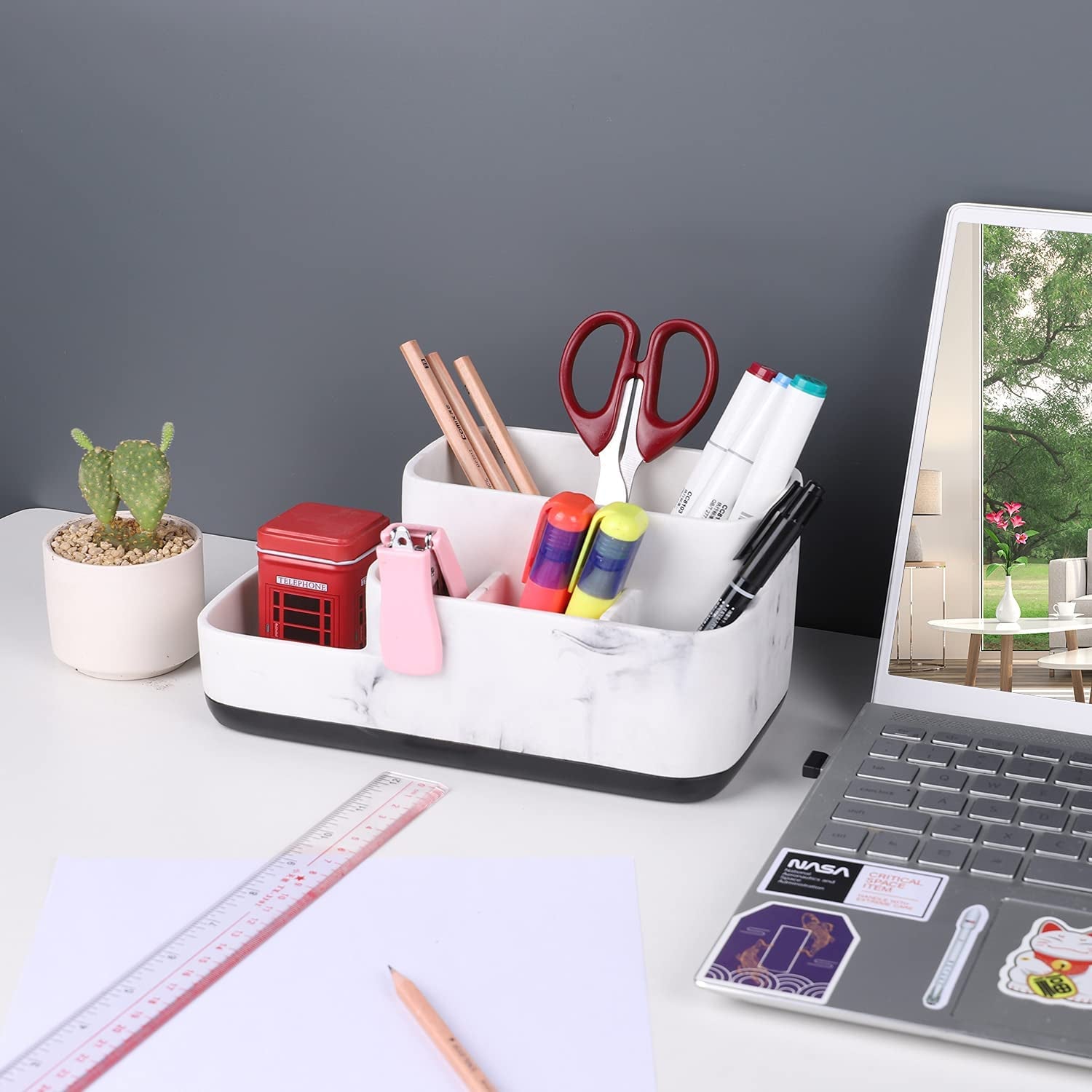 Multi-Functional Bathroom Organizer - Elegant White Marble Toothbrush Holder for Makeup, Skincare, and Accessories Storage