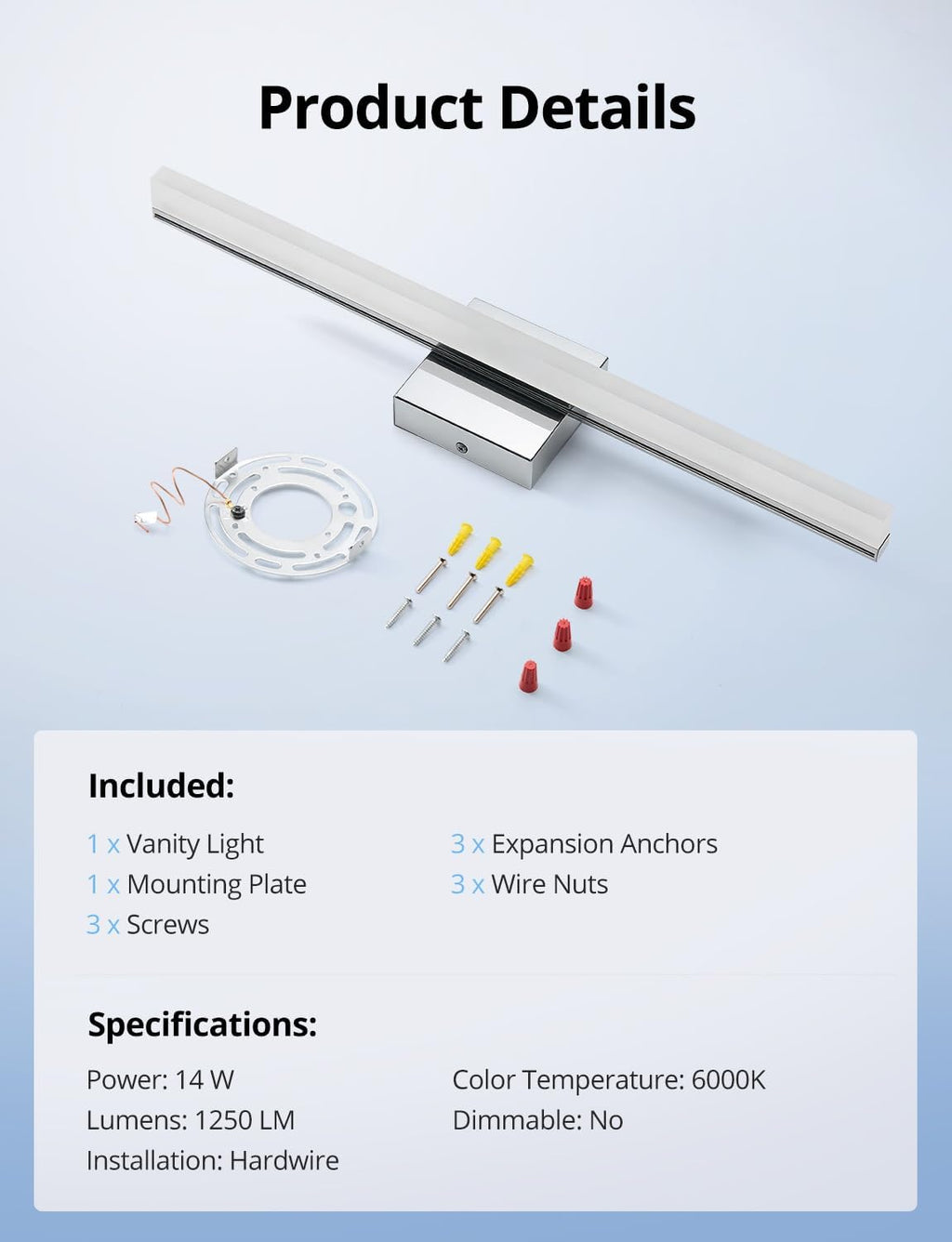 24-Inch LED Vanity Light Bar - Contemporary 14W IP44 Bathroom Fixture with Cool White 6000K for Enhanced Mirror Illumination