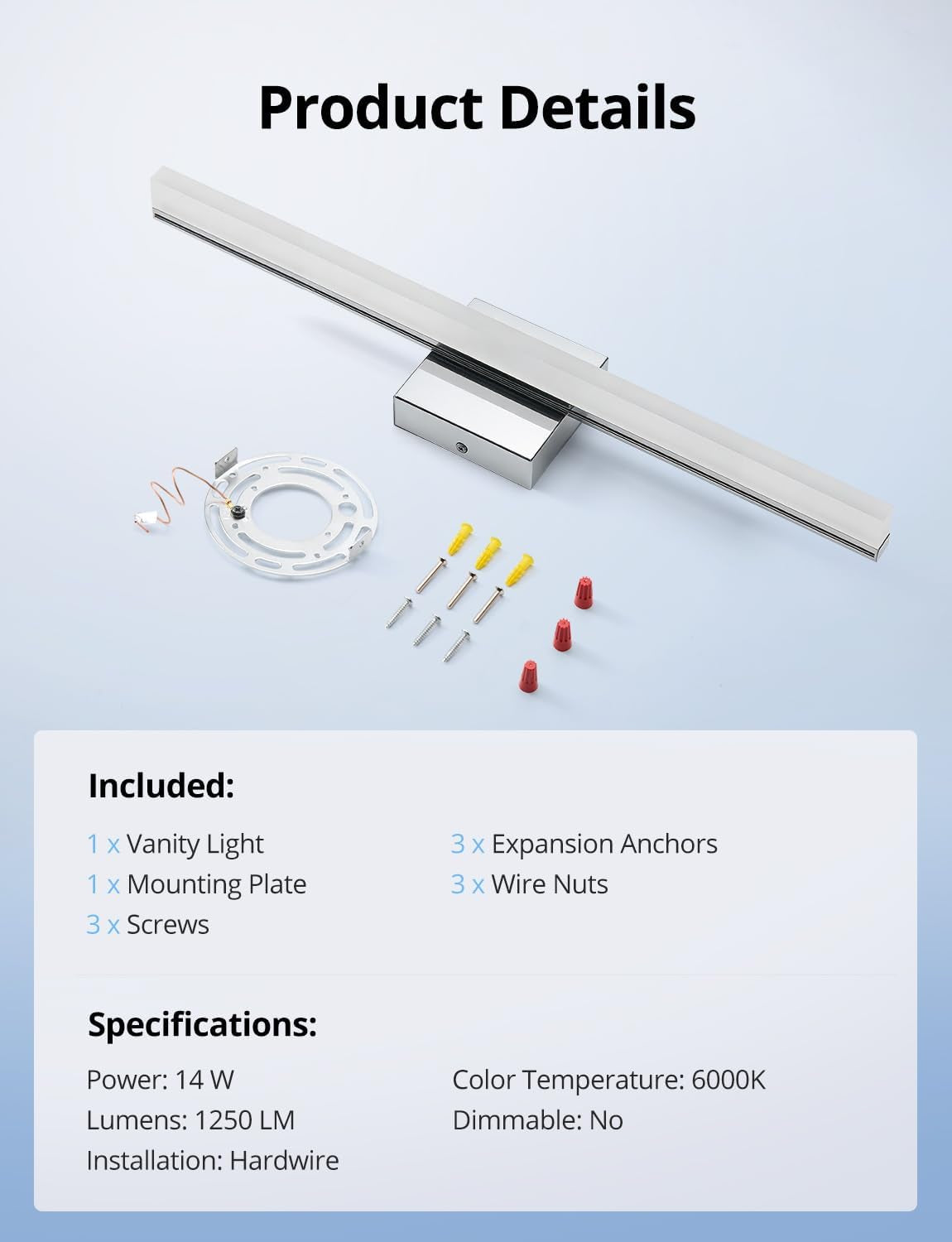 24-Inch LED Vanity Light Bar - Contemporary 14W IP44 Bathroom Fixture with Cool White 6000K for Enhanced Mirror Illumination