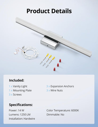 24-Inch LED Vanity Light Bar - Contemporary 14W IP44 Bathroom Fixture with Cool White 6000K for Enhanced Mirror Illumination
